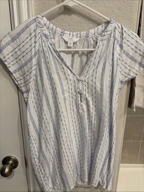 Time and Tru White & Blue Striped Peasant Top